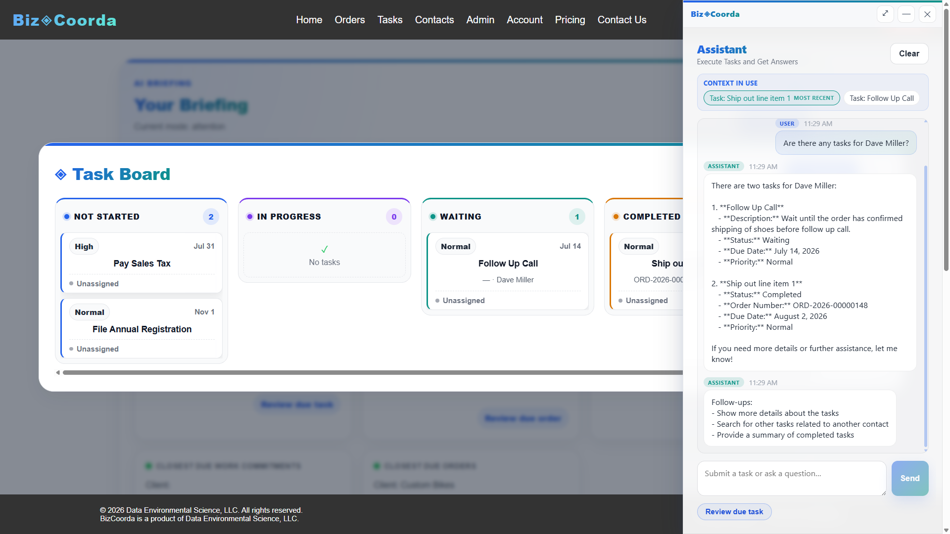 BizCoorda business operations showing a created order generated by the assistant.